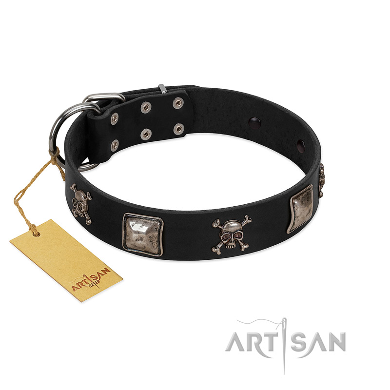 "Sea Rover" Embellished FDT Artisan Black Leather Rottweiler Collar with Chrome Plated Crossbones and Plates