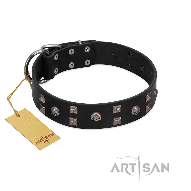 "Fire Eyes" Designer Handmade FDT Artisan Black Leather Rottweiler Collar