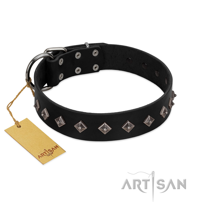 "Immense Power" Handcrafted FDT Artisan Black Leather Rottweiler Collar with Small Dotted Pyramids
