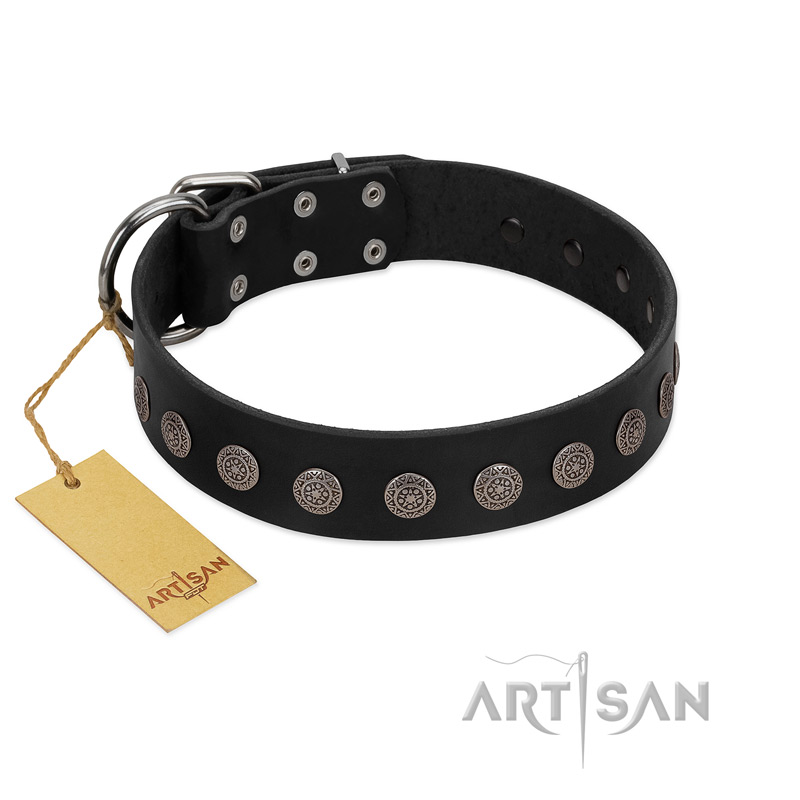 "Silent Star" Handmade FDT Artisan Designer Black Leather Rottweiler Collar with Engraved Plates