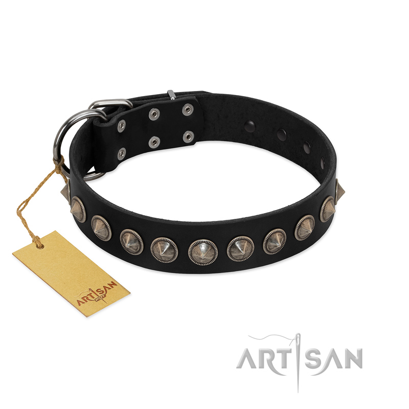 "Black Eagle" Handcrafted FDT Artisan Black Leather Rottweiler Collar with Silver-Like Adornments