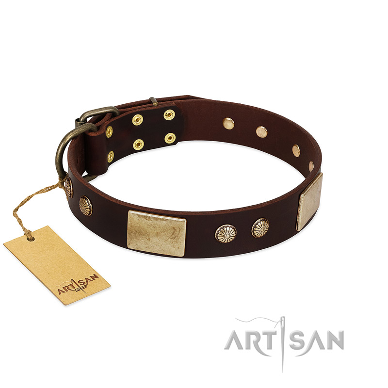 "Middle Age" FDT Artisan Brown Leather Rottweiler Collar with Old Bronze-Plated Engraved Flowers and Large Plates