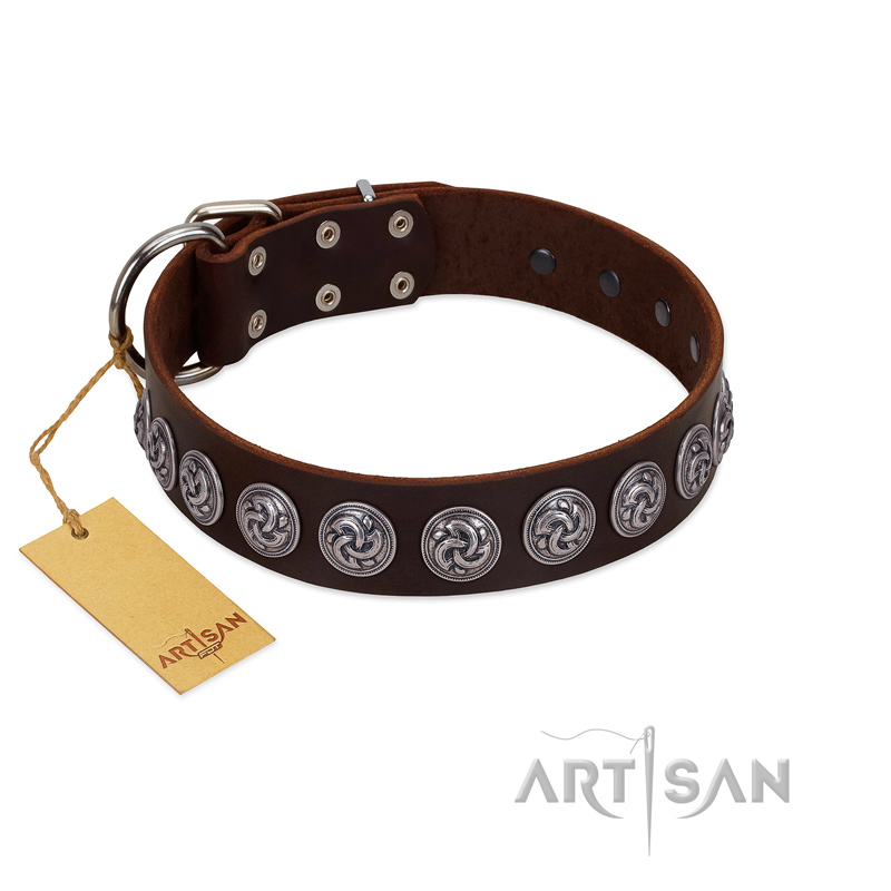 "Charming Circles" FDT Artisan Brown Leather Rottweiler Collar with Silver-like Studs