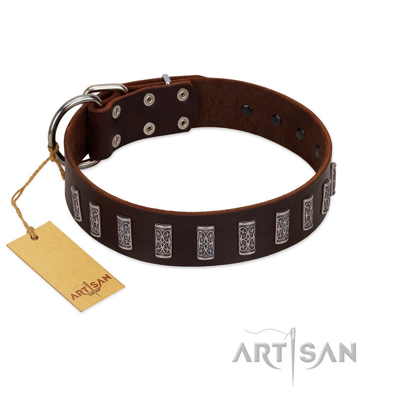 "Brown Lace" Handmade FDT Artisan Brown Leather Rottweiler Collar for Everyday Walks