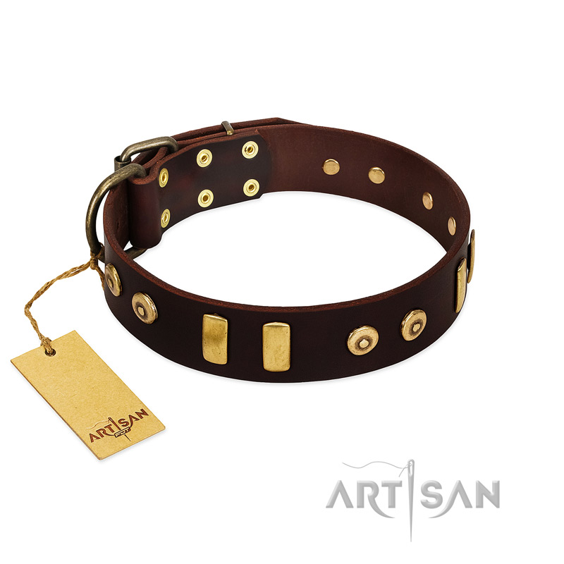"Lord of Dogs" FDT Artisan Brown Leather Rottweiler Collar with Old Bronze-like Dotted Studs and Tiles