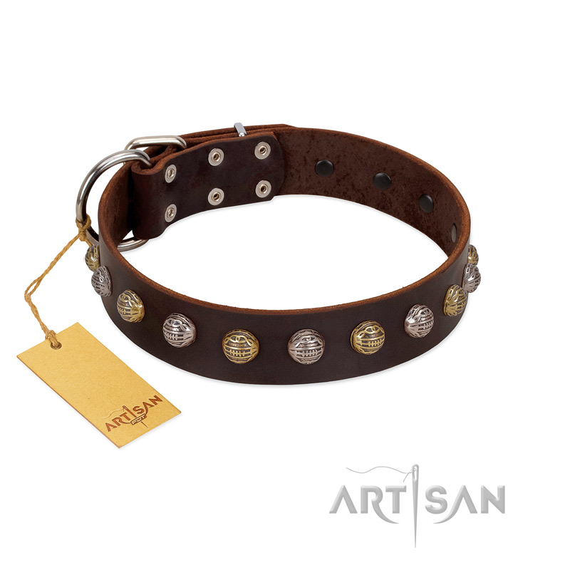 "Gape Buster" FDT Artisan Brown Leather Rottweiler Collar with One Row of Studs