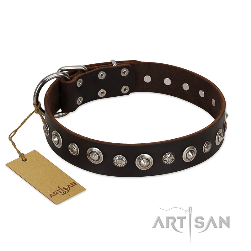 "Gorgeous Shields" FDT Artisan Brown Leather Rottweiler Collar with Old Silver-like Circles and Small Camomiles - Click Image to Close