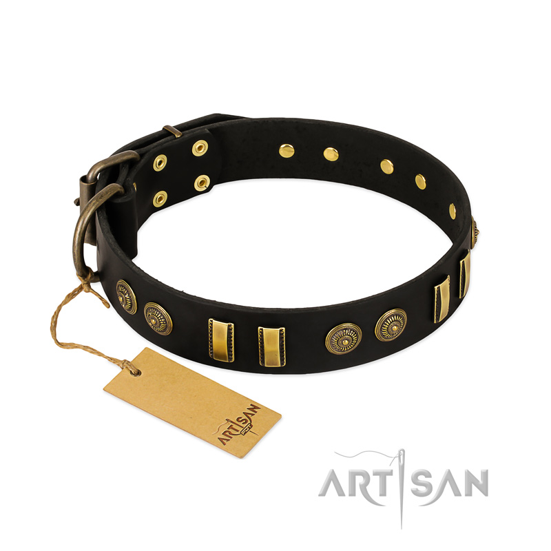 "Simple Elegance" FDT Artisan Black Leather Rottweiler Collar with Old Bronze-like Plates and Circles