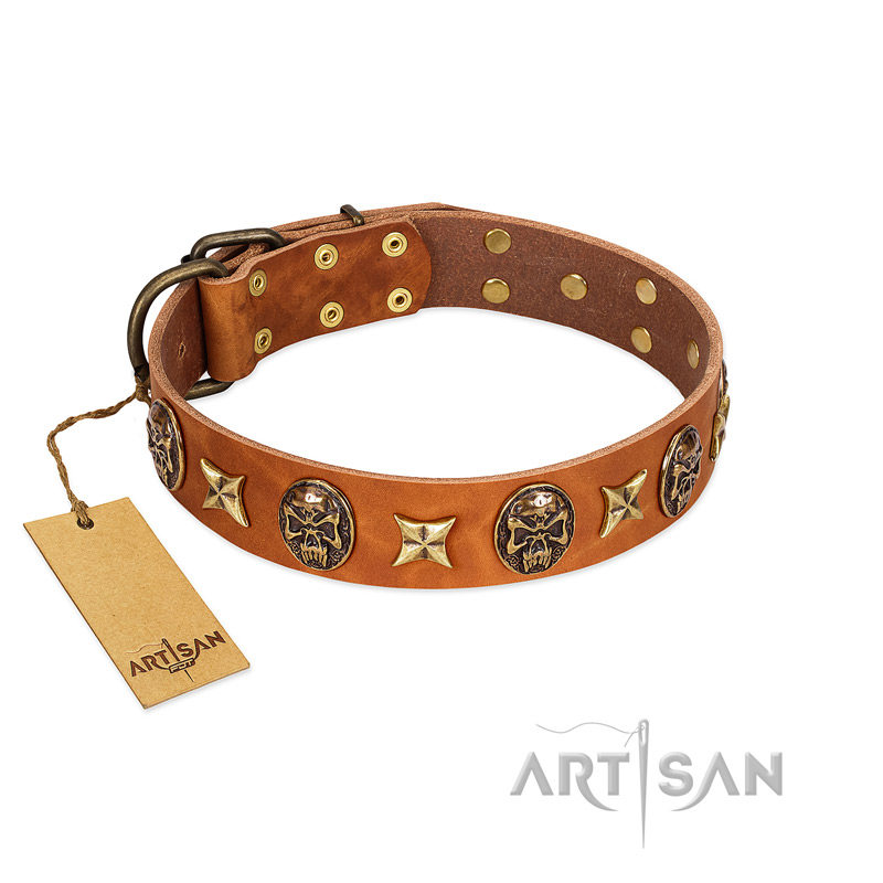 "Rockin' Doggie" FDT Artisan Tan Leather Rottweiler Collar Adorned with Stars and Skulls