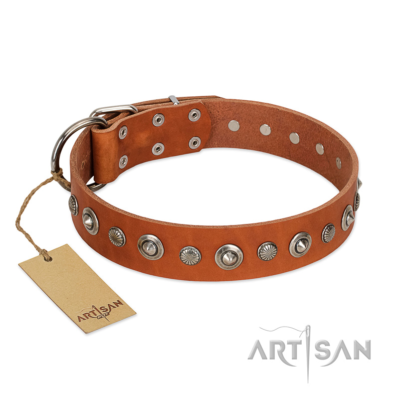 "Gorgeous Roundie" FDT Artisan Tan Leather Rottweiler Collar with Chrome-plated Circles - Click Image to Close