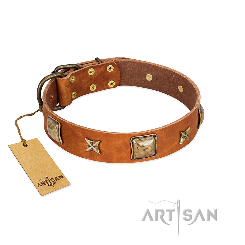 "Celtic Tunes" FDT Artisan Tan Leather Rottweiler Collar Adorned with Stars and Squares - Click Image to Close