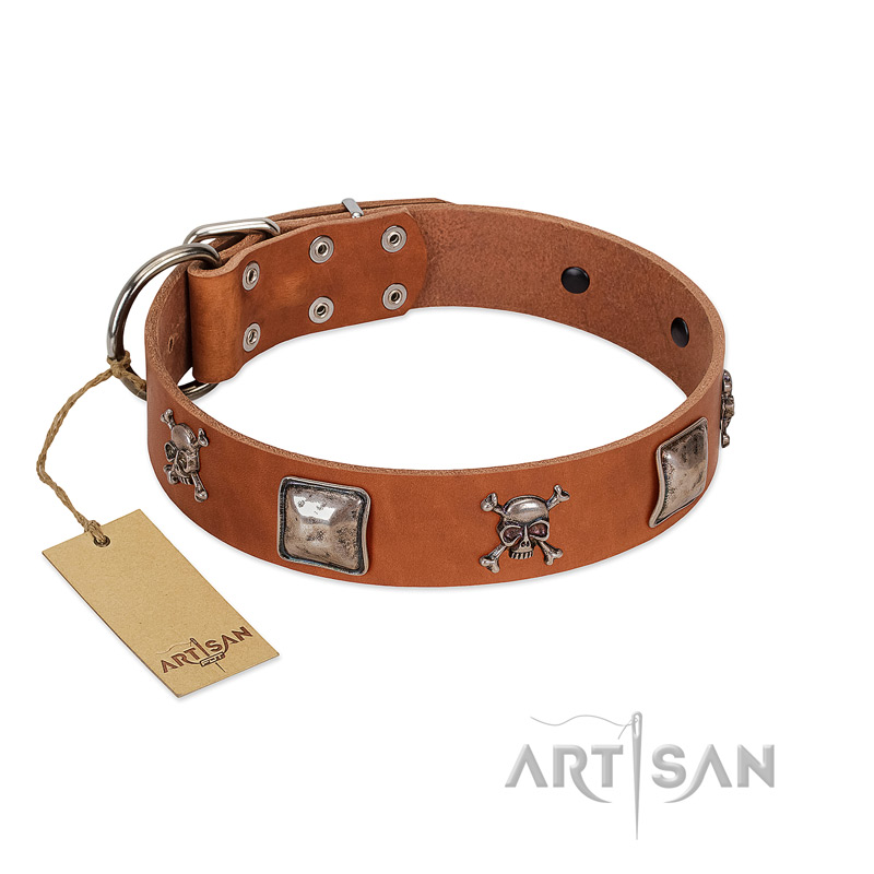 "Amorous Escapade" Embellished FDT Artisan Tan Leather Rottweiler Collar with Chrome Plated Crossbones and Plates