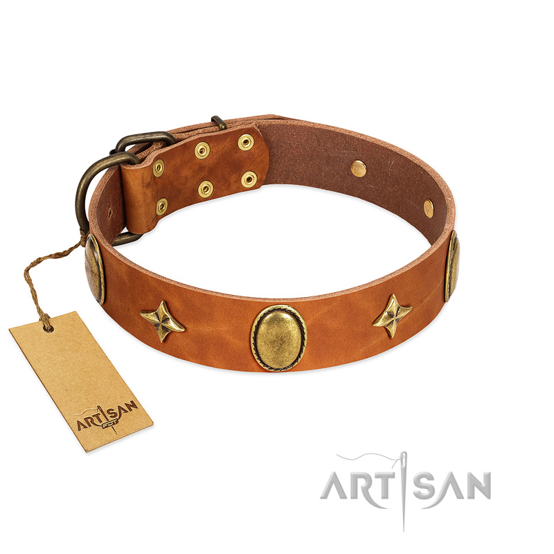 "Space Warrior" FDT Artisan Tan Leather Rottweiler Collar with Ovals and Stars