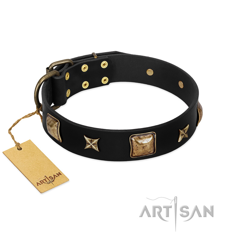 "Starry Harmony" FDT Artisan Black Leather Dog Collar with Squares and Stars for Comfortable Walking - Click Image to Close