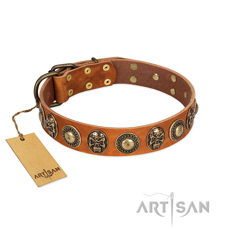 "Golden Epoch" FDT Artisan Tan Leather Rottweiler Collar with Old Bronze-plated Medallions and Conchos - Click Image to Close