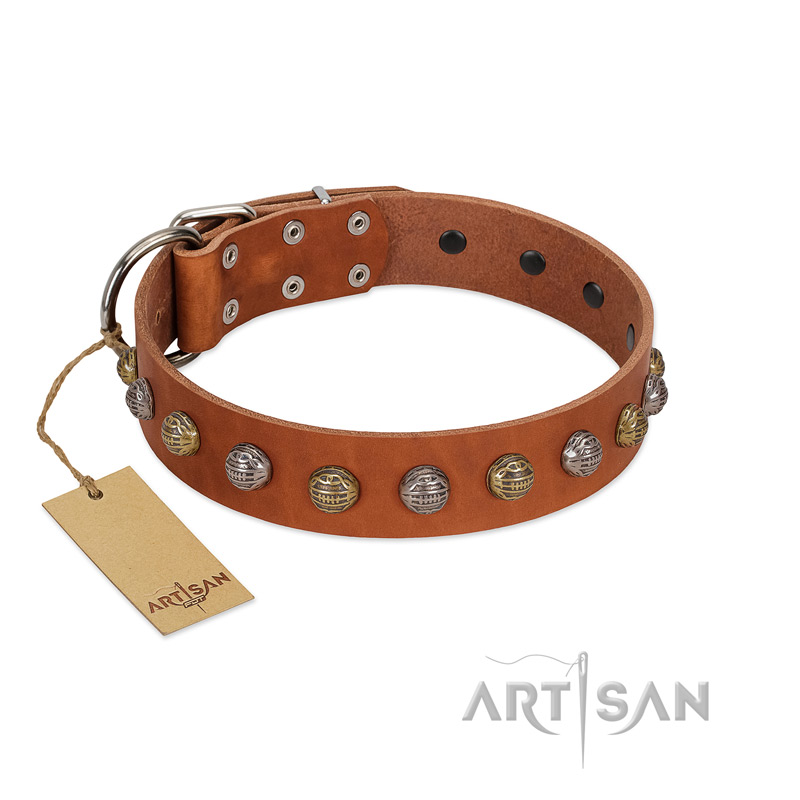 "Dogue-Vogue" FDT Artisan Tan Leather Rottweiler Collar with Engraved Chrome-plated Studs