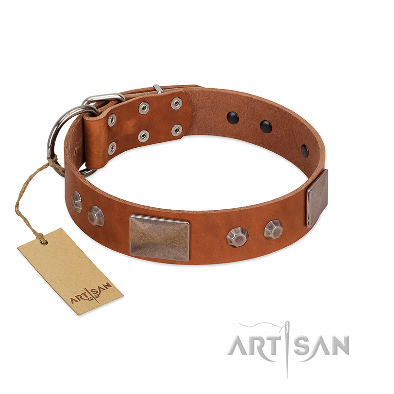 "Great Obelisk" Handcrafted FDT Artisan Tan Leather Rottweiler Collar with Large Plates and Pyramids