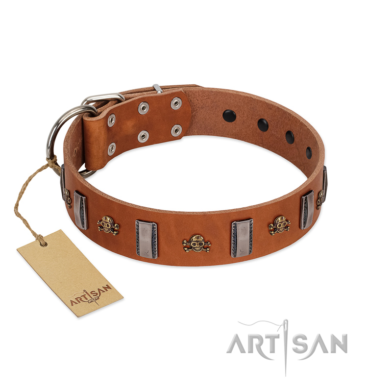 "Golden Crossbones" Handmade FDT Artisan Tan Leather Rottweiler Collar with Plates and Skulls - Click Image to Close