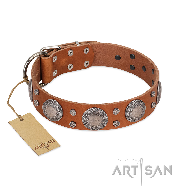 "Far Star" FDT Artisan Tan Leather Rottweiler Collar with Engraved Studs - Click Image to Close