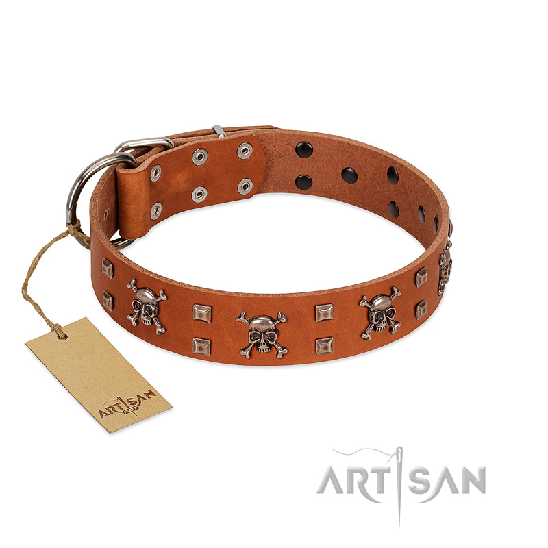 "Rebellious Nature" FDT Artisan Tan Leather Rottweiler Collar Embellished with Crossbones and Square Studs