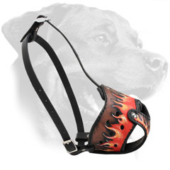 Hand Painted Leather Dog Muzzle for Rottweiler Adjustable in 2 Ways