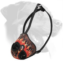 Ventilated Leather Rottweiler Muzzle with Hand Painted Flames