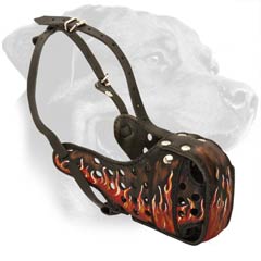 Attack Training Leather Rottweiler Muzzle with Red Flames